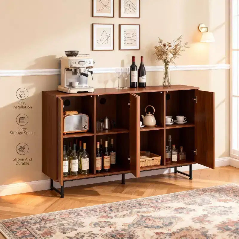 Premium Walnut Mid-Century Sideboard with Geometric Carved Doors
