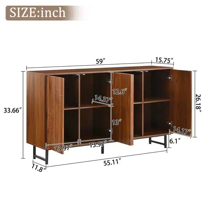 Premium Walnut Mid-Century Sideboard with Geometric Carved Doors