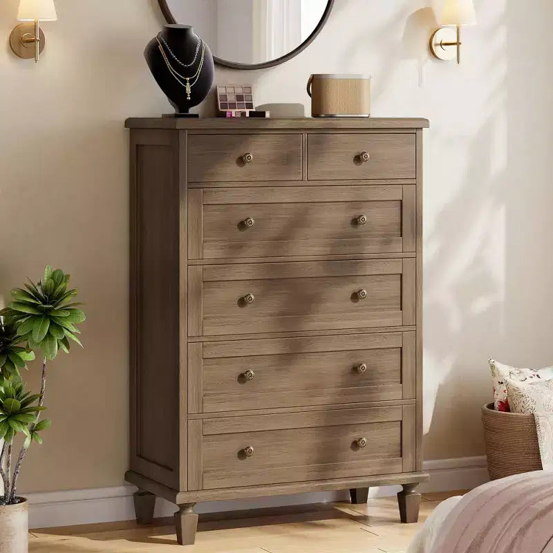 47 Tall 6 Drawer Dresser - Vintage Wooden Chest, Carved Handles & Tapered Legs - Large Storage for Bedroom, Living Room, Entryway - Modern Furniture