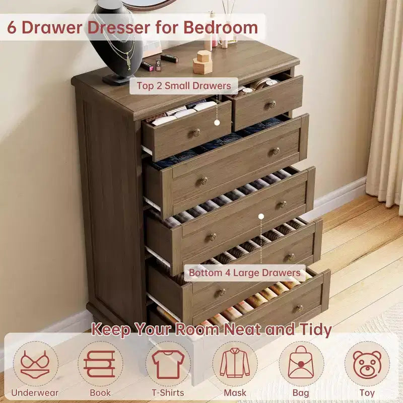 47 Tall 6 Drawer Dresser - Vintage Wooden Chest, Carved Handles & Tapered Legs - Large Storage for Bedroom, Living Room, Entryway - Modern Furniture