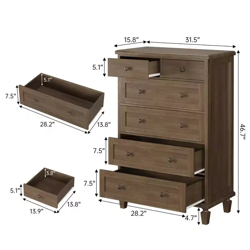 47 Tall 6 Drawer Dresser - Vintage Wooden Chest, Carved Handles & Tapered Legs - Large Storage for Bedroom, Living Room, Entryway - Modern Furniture