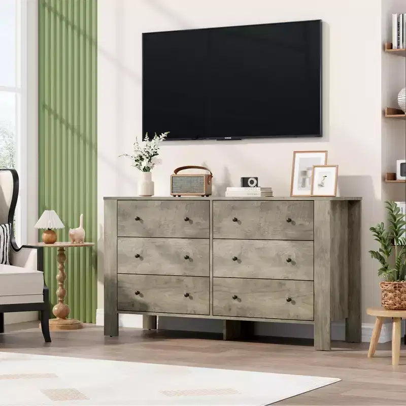 Grande commode 6 tiroirs pour chambre à coucher, meuble de rangement moderne en bois avec tiroirs profonds, poignées métalliques, idéale pour chambre d'enfant, entrée, couloir