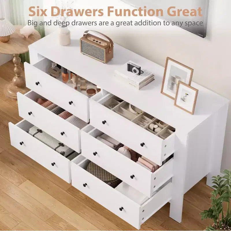 Grande commode 6 tiroirs pour chambre à coucher, meuble de rangement moderne en bois avec tiroirs profonds, poignées métalliques, idéale pour chambre d'enfant, entrée, couloir