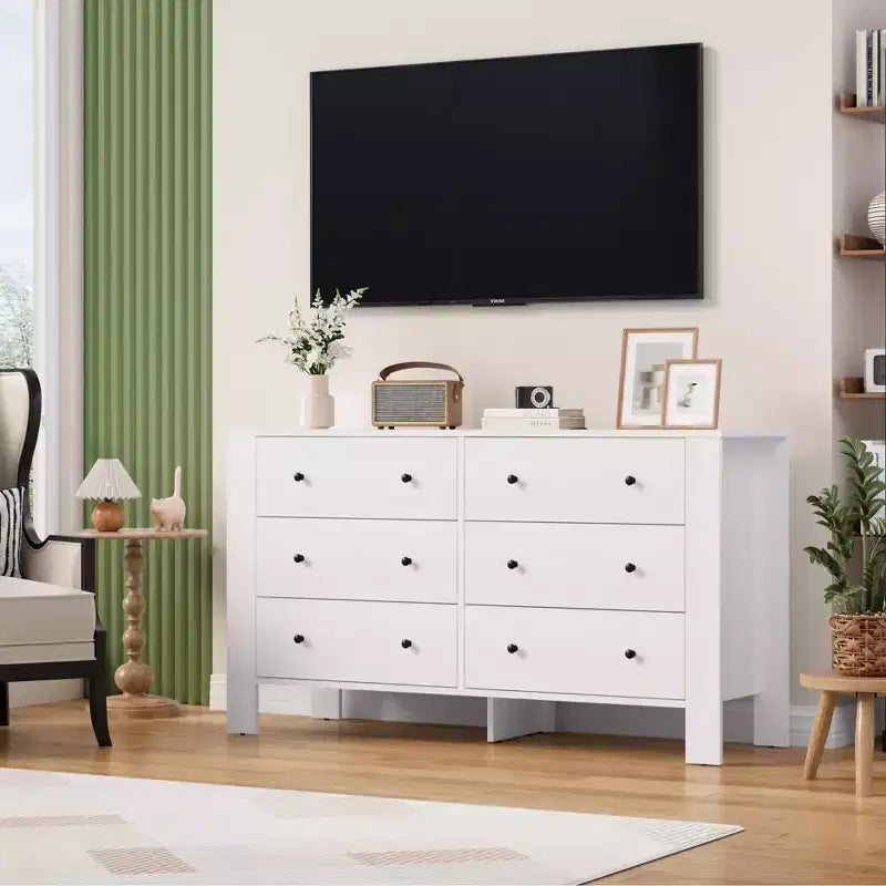 Grande commode 6 tiroirs pour chambre à coucher, meuble de rangement moderne en bois avec tiroirs profonds, poignées métalliques, idéale pour chambre d'enfant, entrée, couloir