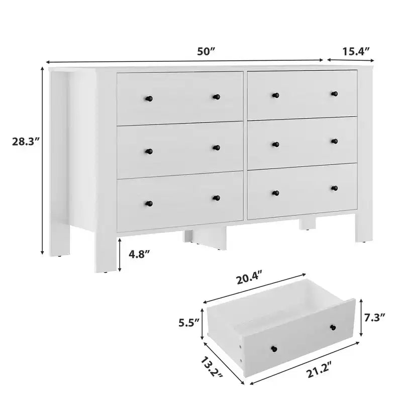 Grande commode 6 tiroirs pour chambre à coucher, meuble de rangement moderne en bois avec tiroirs profonds, poignées métalliques, idéale pour chambre d'enfant, entrée, couloir