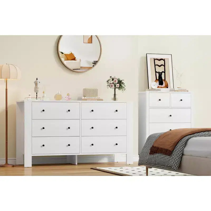 Grande commode 6 tiroirs pour chambre à coucher, meuble de rangement moderne en bois avec tiroirs profonds, poignées métalliques, idéale pour chambre d'enfant, entrée, couloir