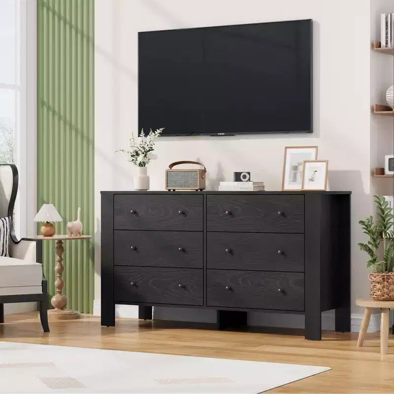 Grande commode 6 tiroirs pour chambre à coucher, meuble de rangement moderne en bois avec tiroirs profonds, poignées métalliques, idéale pour chambre d'enfant, entrée, couloir