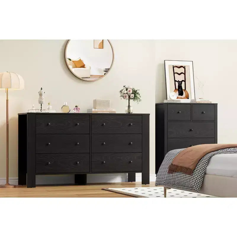 Grande commode 6 tiroirs pour chambre à coucher, meuble de rangement moderne en bois avec tiroirs profonds, poignées métalliques, idéale pour chambre d'enfant, entrée, couloir