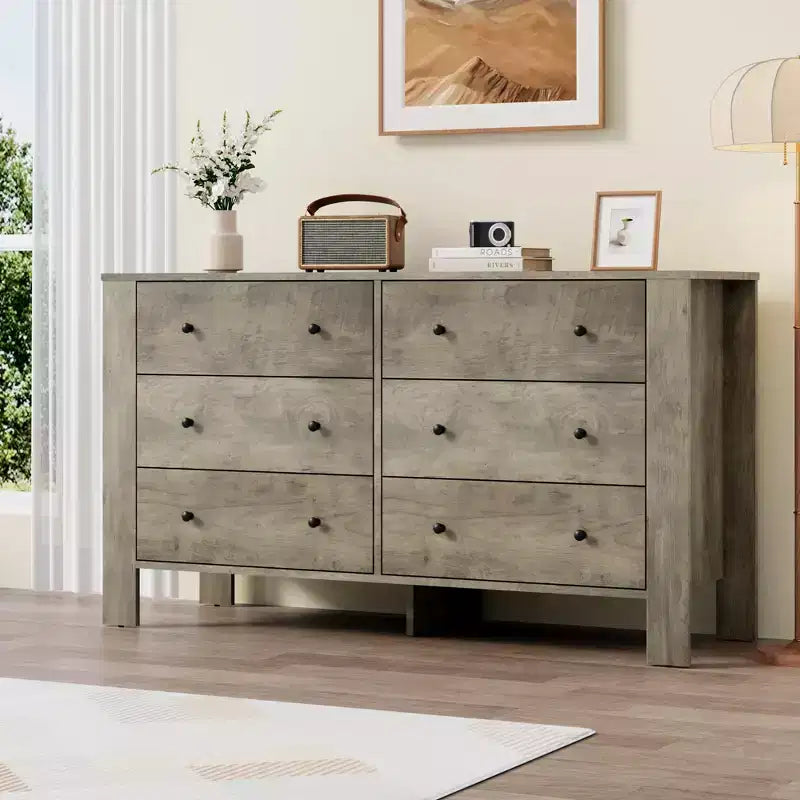 Grande commode 6 tiroirs pour chambre à coucher, meuble de rangement moderne en bois avec tiroirs profonds, poignées métalliques, idéale pour chambre d'enfant, entrée, couloir