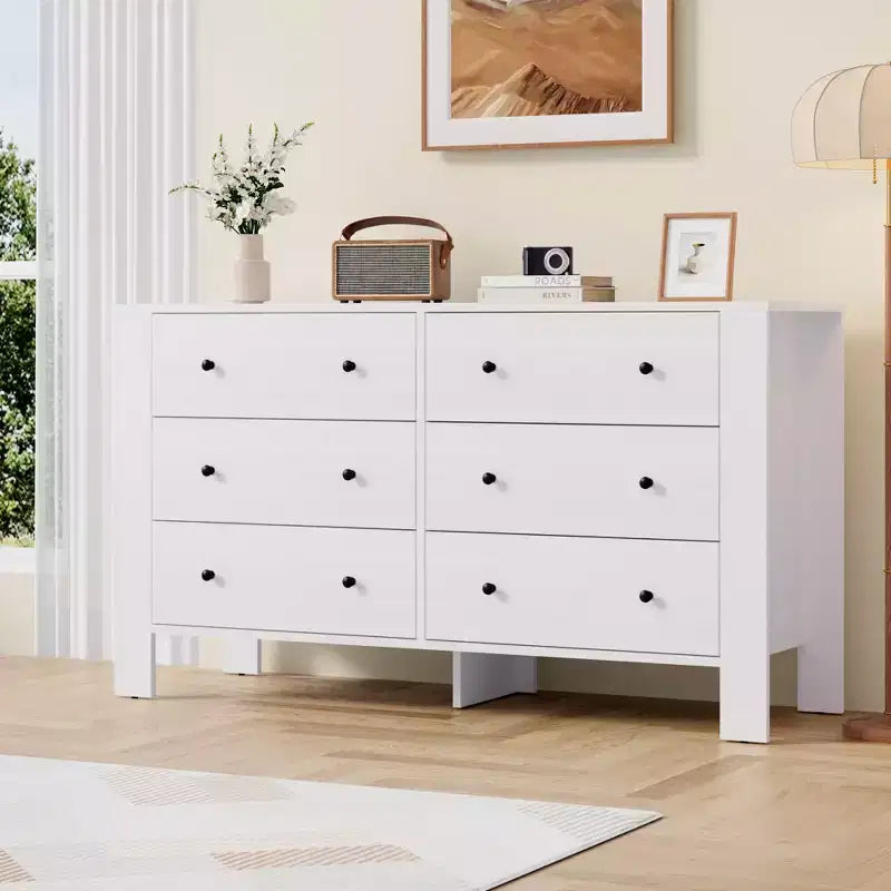 Grande commode 6 tiroirs pour chambre à coucher, meuble de rangement moderne en bois avec tiroirs profonds, poignées métalliques, idéale pour chambre d'enfant, entrée, couloir