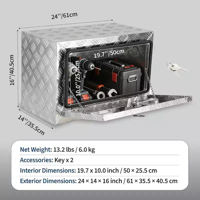 Underbody Truck Tool Box, Aluminum Diamond Plate Lockable Storage Box, Waterproof T-Handle Latch