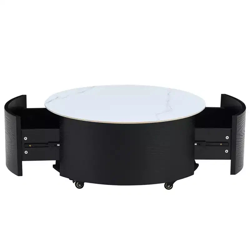 Modern Round Coffee Table with Sintered Stone Top, 2 Drawers & Rolling Casters