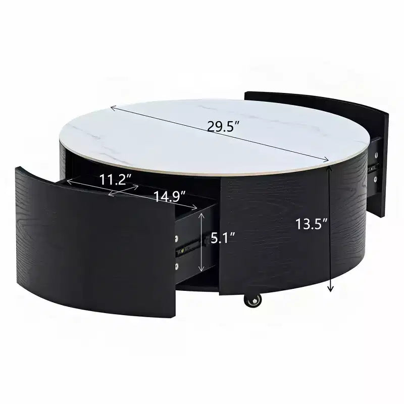 Modern Round Coffee Table with Sintered Stone Top, 2 Drawers & Rolling Casters