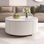 Modern Round Coffee Table with Sintered Stone Top, 2 Drawers & Rolling Casters