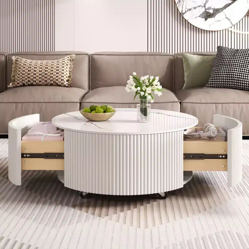 Modern Round Coffee Table with Sintered Stone Top, 2 Drawers & Rolling Casters