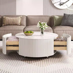 Modern Round Coffee Table with Sintered Stone Top, 2 Drawers & Rolling Casters