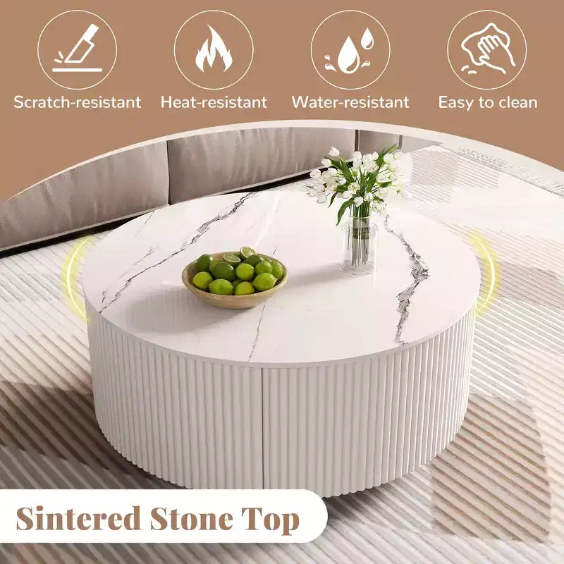 Modern Round Coffee Table with Sintered Stone Top, 2 Drawers & Rolling Casters