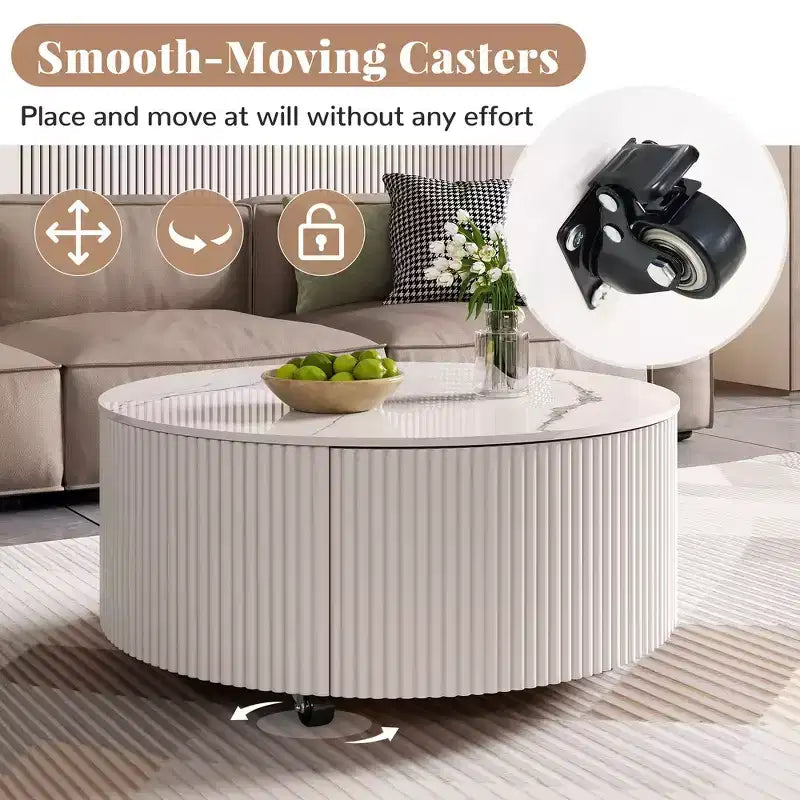 Modern Round Coffee Table with Sintered Stone Top, 2 Drawers & Rolling Casters