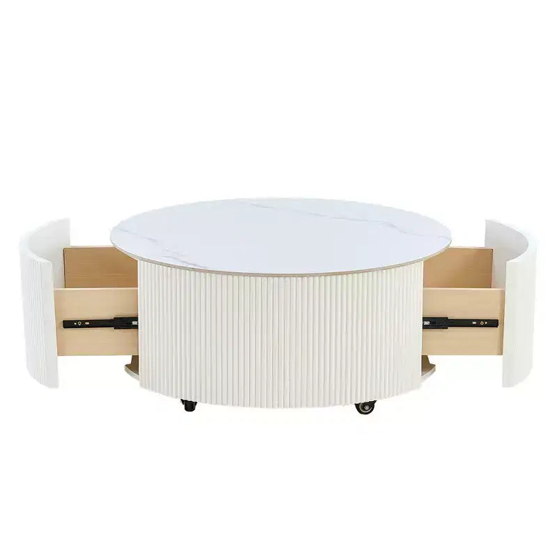 Modern Round Coffee Table with Sintered Stone Top, 2 Drawers & Rolling Casters