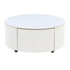 Modern Round Coffee Table with Sintered Stone Top, 2 Drawers & Rolling Casters