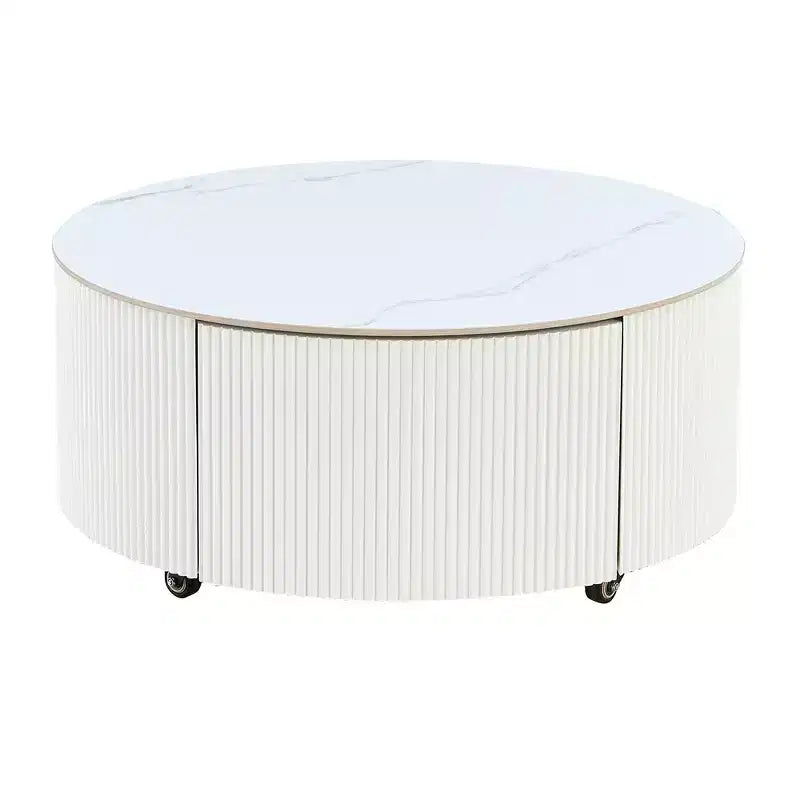 Modern Round Coffee Table with Sintered Stone Top, 2 Drawers & Rolling Casters