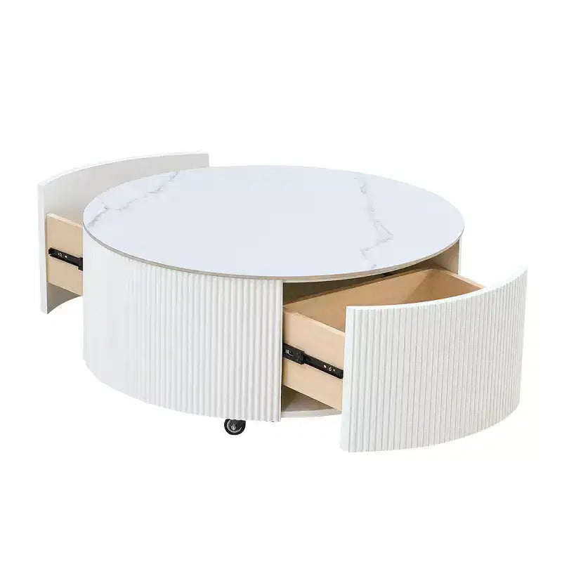 Modern Round Coffee Table with Sintered Stone Top, 2 Drawers & Rolling Casters