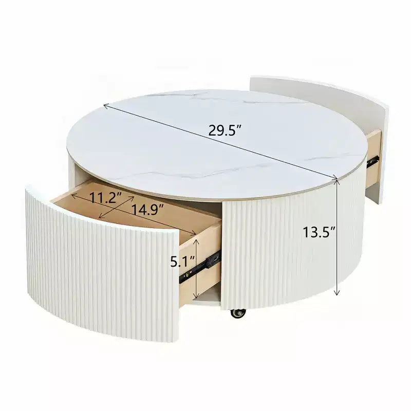 Modern Round Coffee Table with Sintered Stone Top, 2 Drawers & Rolling Casters