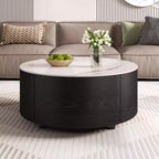 Modern Round Coffee Table with Sintered Stone Top, 2 Drawers & Rolling Casters