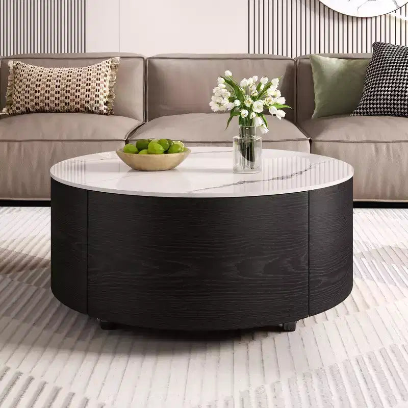Modern Round Coffee Table with Sintered Stone Top, 2 Drawers & Rolling Casters