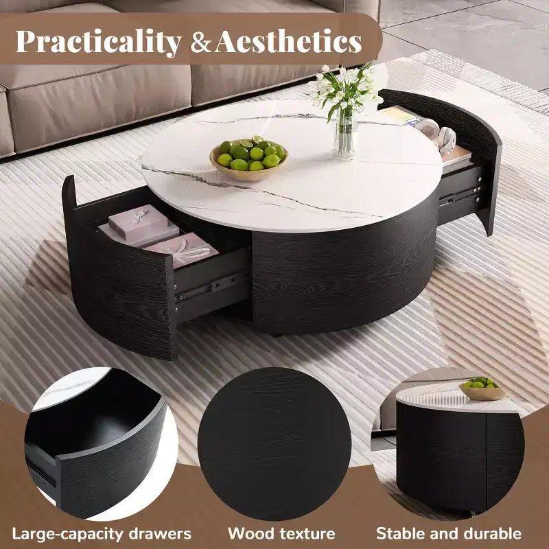 Modern Round Coffee Table with Sintered Stone Top, 2 Drawers & Rolling Casters