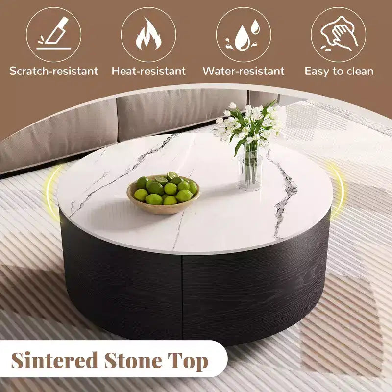 Modern Round Coffee Table with Sintered Stone Top, 2 Drawers & Rolling Casters