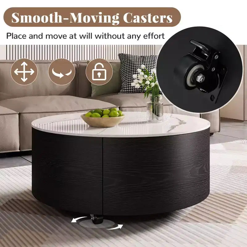 Modern Round Coffee Table with Sintered Stone Top, 2 Drawers & Rolling Casters