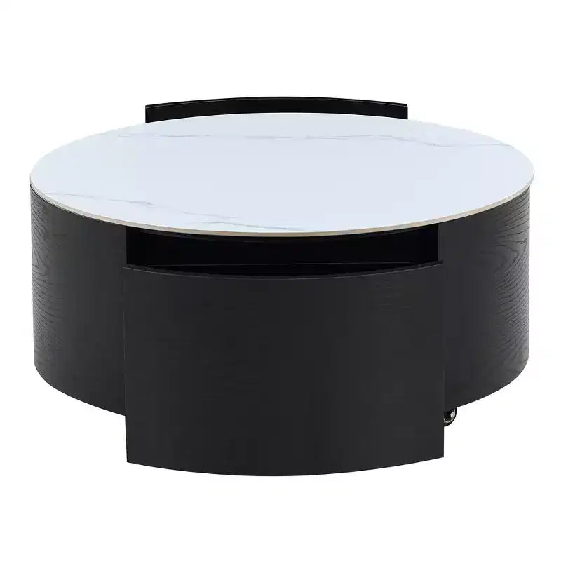 Modern Round Coffee Table with Sintered Stone Top, 2 Drawers & Rolling Casters