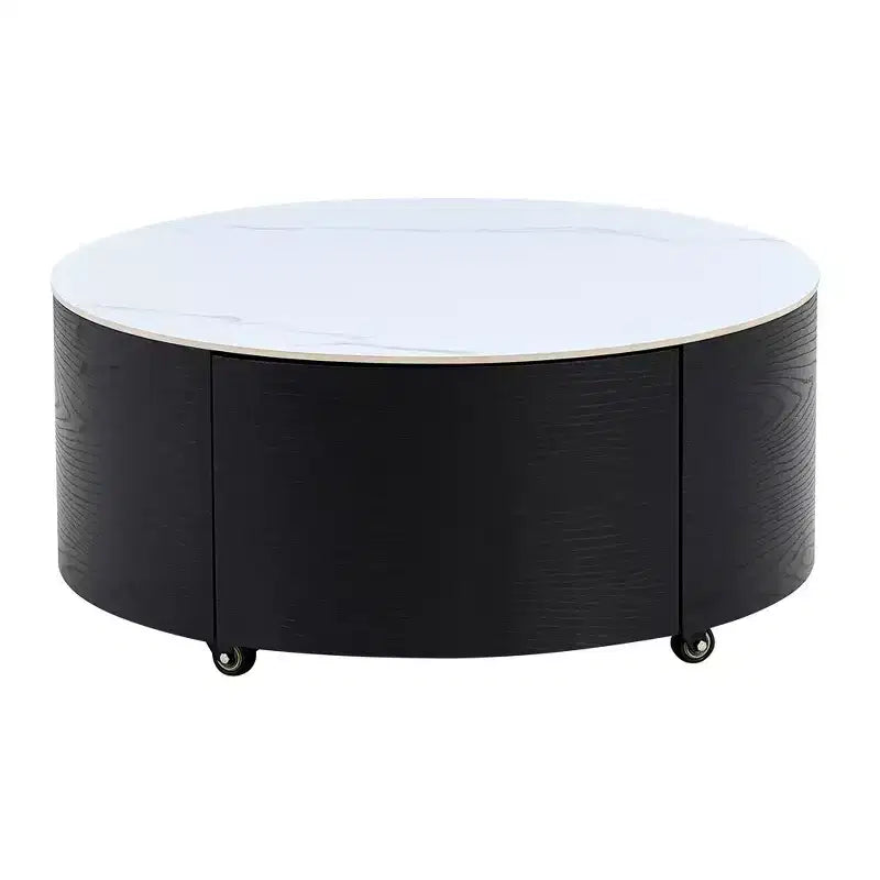 Modern Round Coffee Table with Sintered Stone Top, 2 Drawers & Rolling Casters