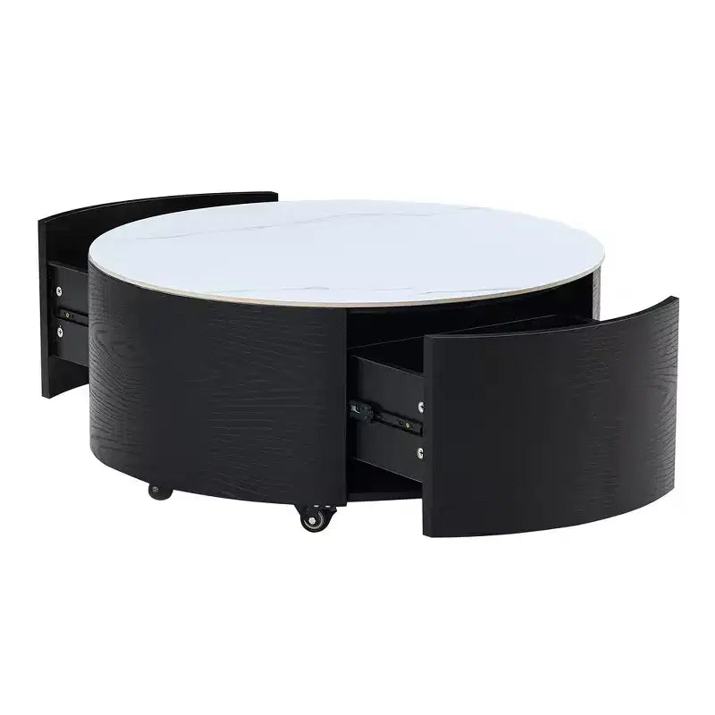 Modern Round Coffee Table with Sintered Stone Top, 2 Drawers & Rolling Casters