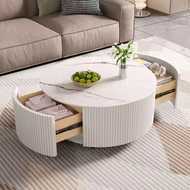 Modern Round Coffee Table with Sintered Stone Top, 2 Drawers & Rolling Casters