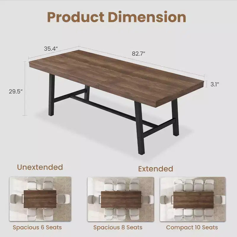 63-83 Extendable Industrial Dining Table for 6-8 People - Heavy Duty Metal Frame Expandable Kitchen Table for Dining Room, Kitchen & Parties