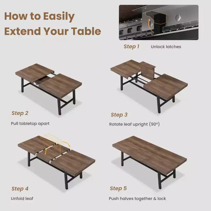 63-83 Extendable Industrial Dining Table for 6-8 People - Heavy Duty Metal Frame Expandable Kitchen Table for Dining Room, Kitchen & Parties