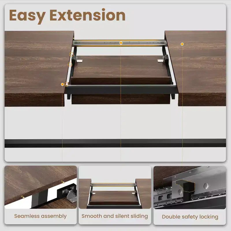 63-83 Extendable Industrial Dining Table for 6-8 People - Heavy Duty Metal Frame Expandable Kitchen Table for Dining Room, Kitchen & Parties