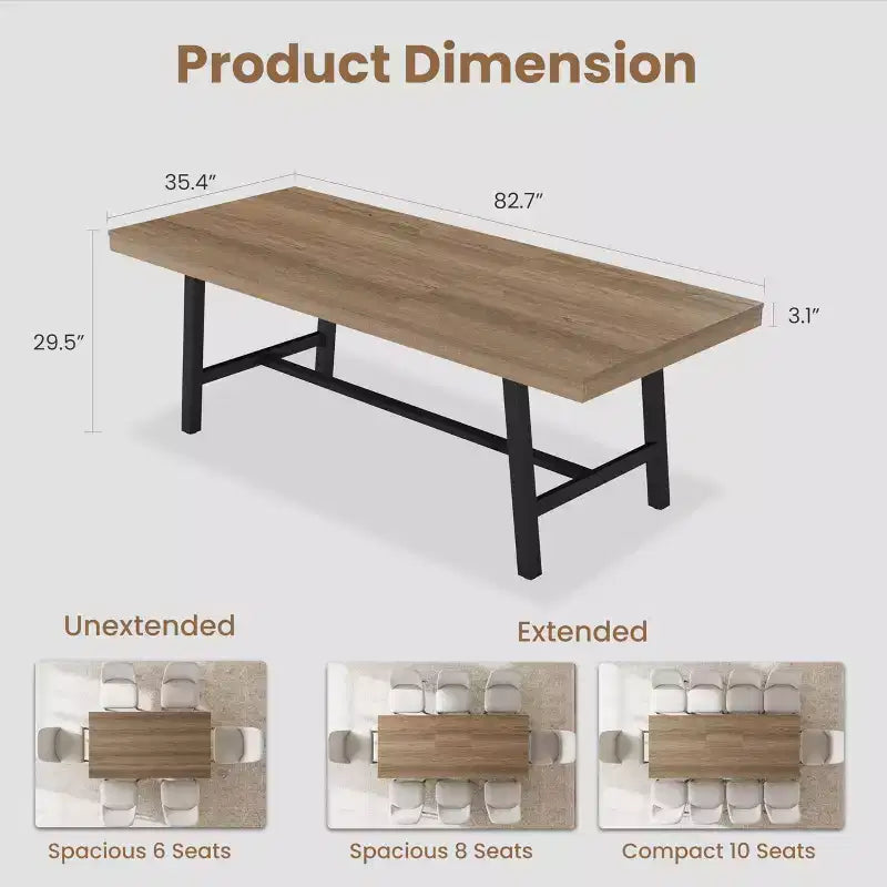 63-83 Extendable Industrial Dining Table for 6-8 People - Heavy Duty Metal Frame Expandable Kitchen Table for Dining Room, Kitchen & Parties