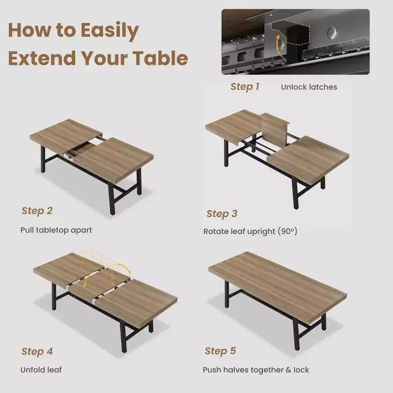 63-83 Extendable Industrial Dining Table for 6-8 People - Heavy Duty Metal Frame Expandable Kitchen Table for Dining Room, Kitchen & Parties