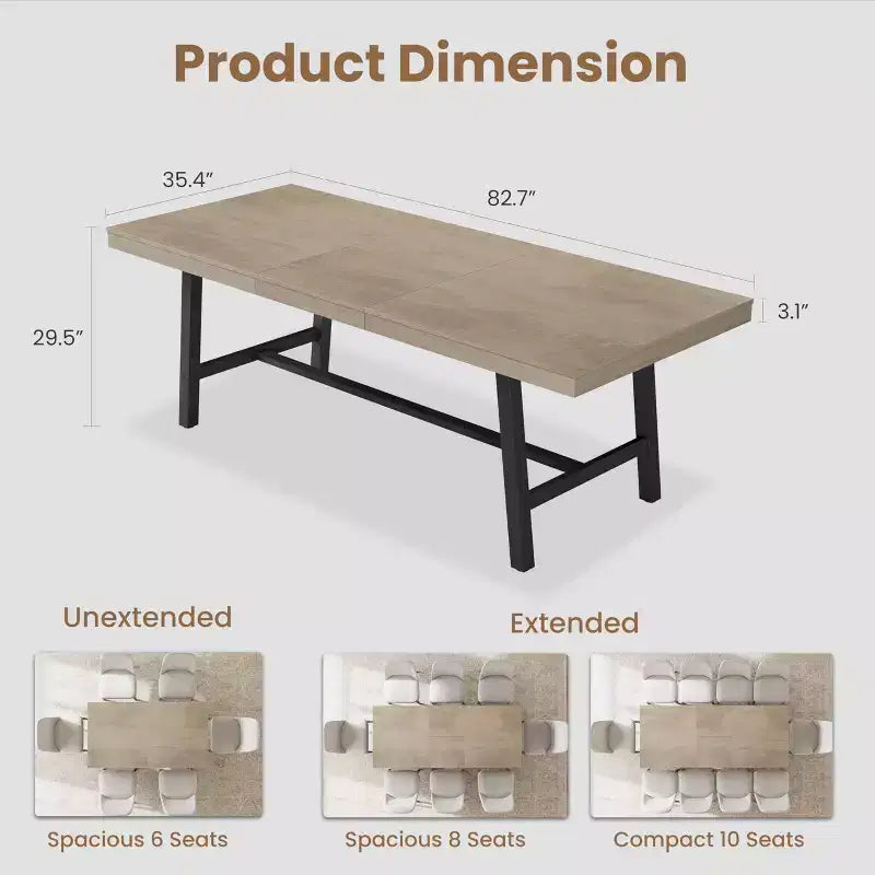 63-83 Extendable Industrial Dining Table for 6-8 People - Heavy Duty Metal Frame Expandable Kitchen Table for Dining Room, Kitchen & Parties