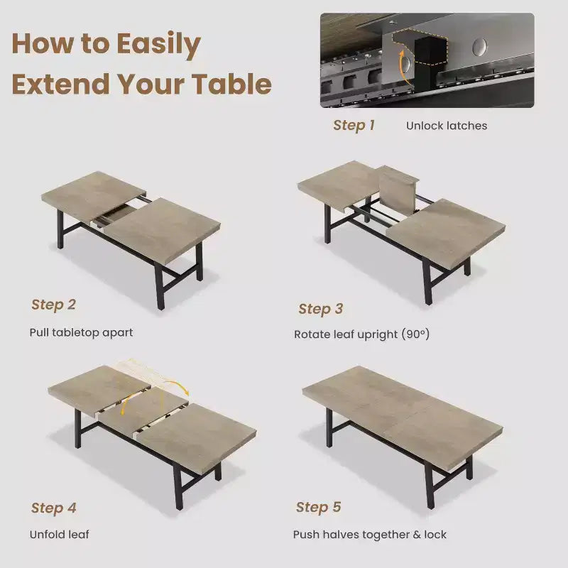 63-83 Extendable Industrial Dining Table for 6-8 People - Heavy Duty Metal Frame Expandable Kitchen Table for Dining Room, Kitchen & Parties