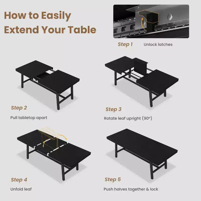 63-83 Extendable Industrial Dining Table for 6-8 People - Heavy Duty Metal Frame Expandable Kitchen Table for Dining Room, Kitchen & Parties