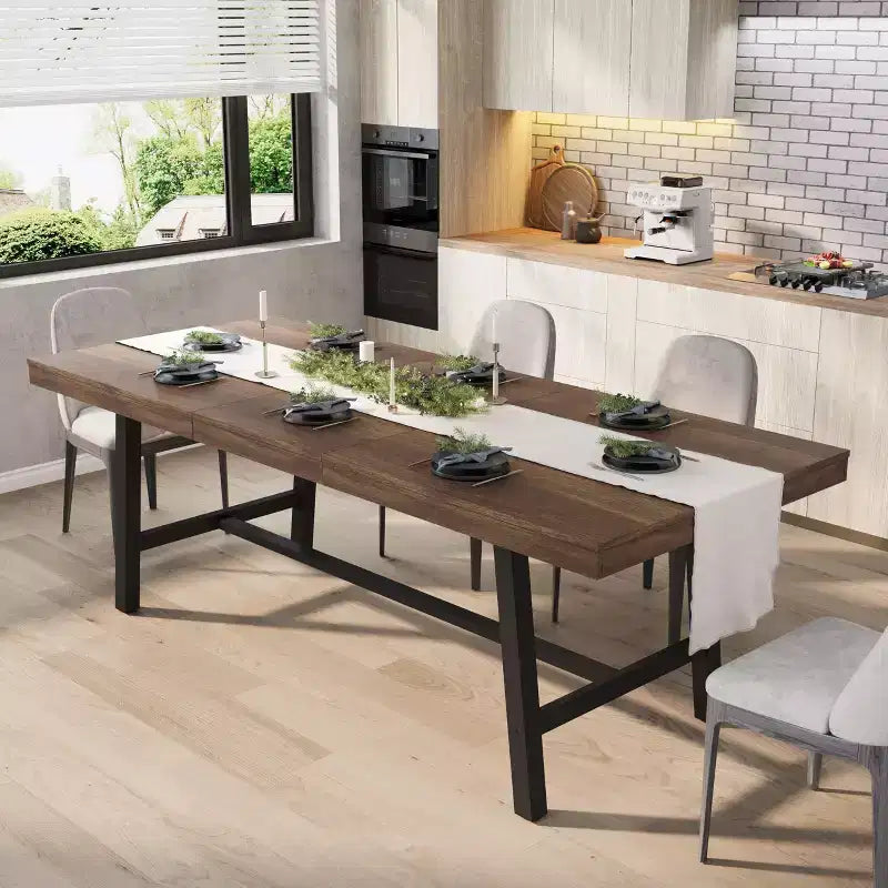 63-83 Extendable Industrial Dining Table for 6-8 People - Heavy Duty Metal Frame Expandable Kitchen Table for Dining Room, Kitchen & Parties