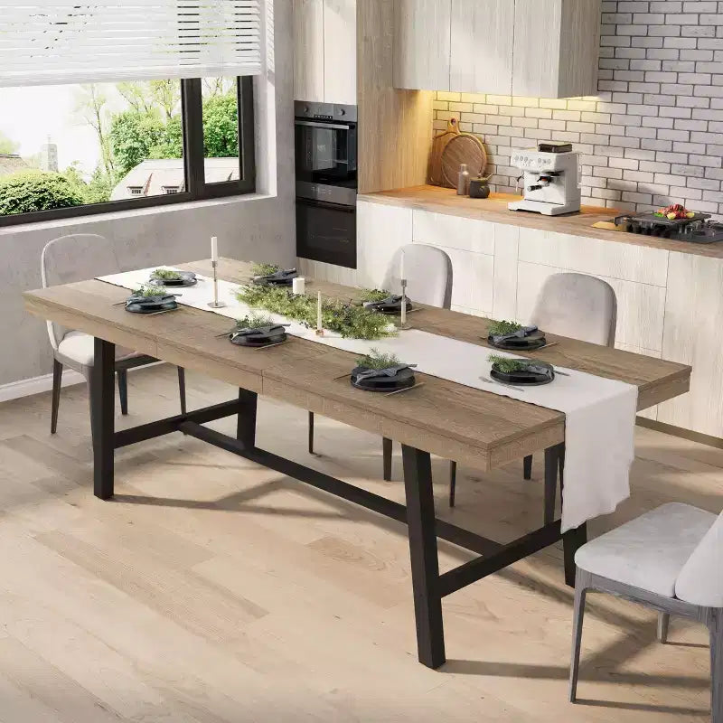 63-83 Extendable Industrial Dining Table for 6-8 People - Heavy Duty Metal Frame Expandable Kitchen Table for Dining Room, Kitchen & Parties