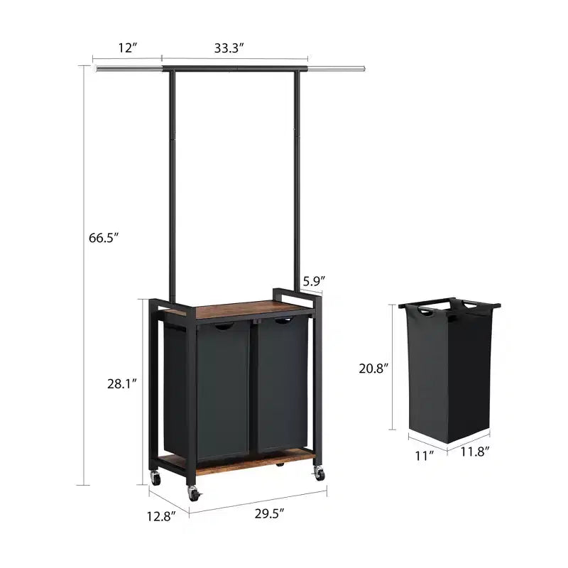 Rolling Laundry Sorter Cart with Iron Hanging Rod, 2-Section Metal Utility Shelf, Lockable Wheels, Multi-Pocket Basket for Laundry, Bedroom, Bathroom