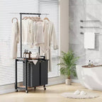 Rolling Laundry Sorter Cart with Iron Hanging Rod, 2-Section Metal Utility Shelf, Lockable Wheels, Multi-Pocket Basket for Laundry, Bedroom, Bathroom