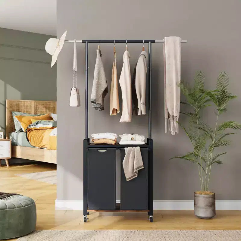 Rolling Laundry Sorter Cart with Iron Hanging Rod, 2-Section Metal Utility Shelf, Lockable Wheels, Multi-Pocket Basket for Laundry, Bedroom, Bathroom