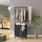 Rolling Laundry Sorter Cart with Iron Hanging Rod, 2-Section Metal Utility Shelf, Lockable Wheels, Multi-Pocket Basket for Laundry, Bedroom, Bathroom
